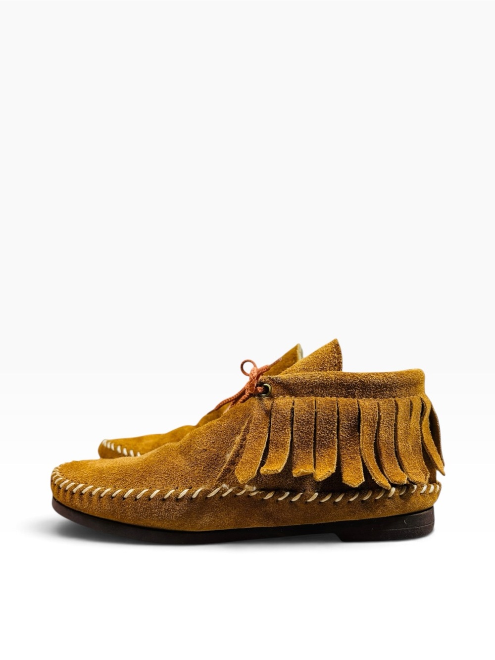 Deerskin Sherpa Lined Hard Sole Sherpa Lined Fringed Moccasins in Tobacco 7
